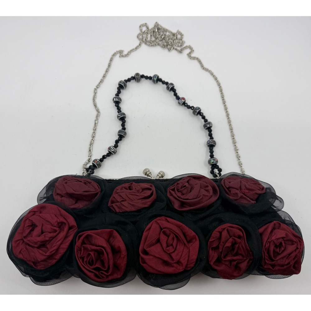 Stephanie Evening Clutch Bag Red Black 3D Rose Floral Beaded Handle Crossbody